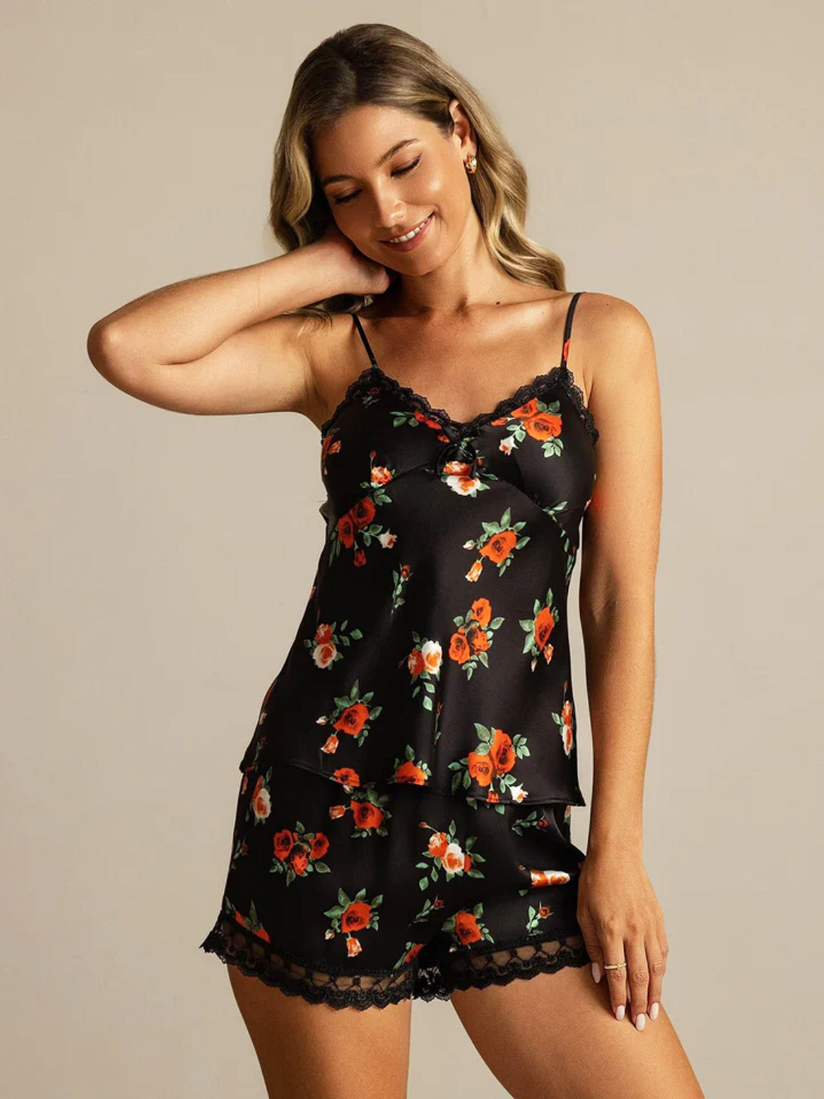 Pure Zijde Bloemenprint Spaghetti Bandjes Camisole Set met Ingebouwde BH