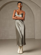 [Grijsachtig Groen] SilkSilky-NL Spaghetti Strap V Neck Jurk 001