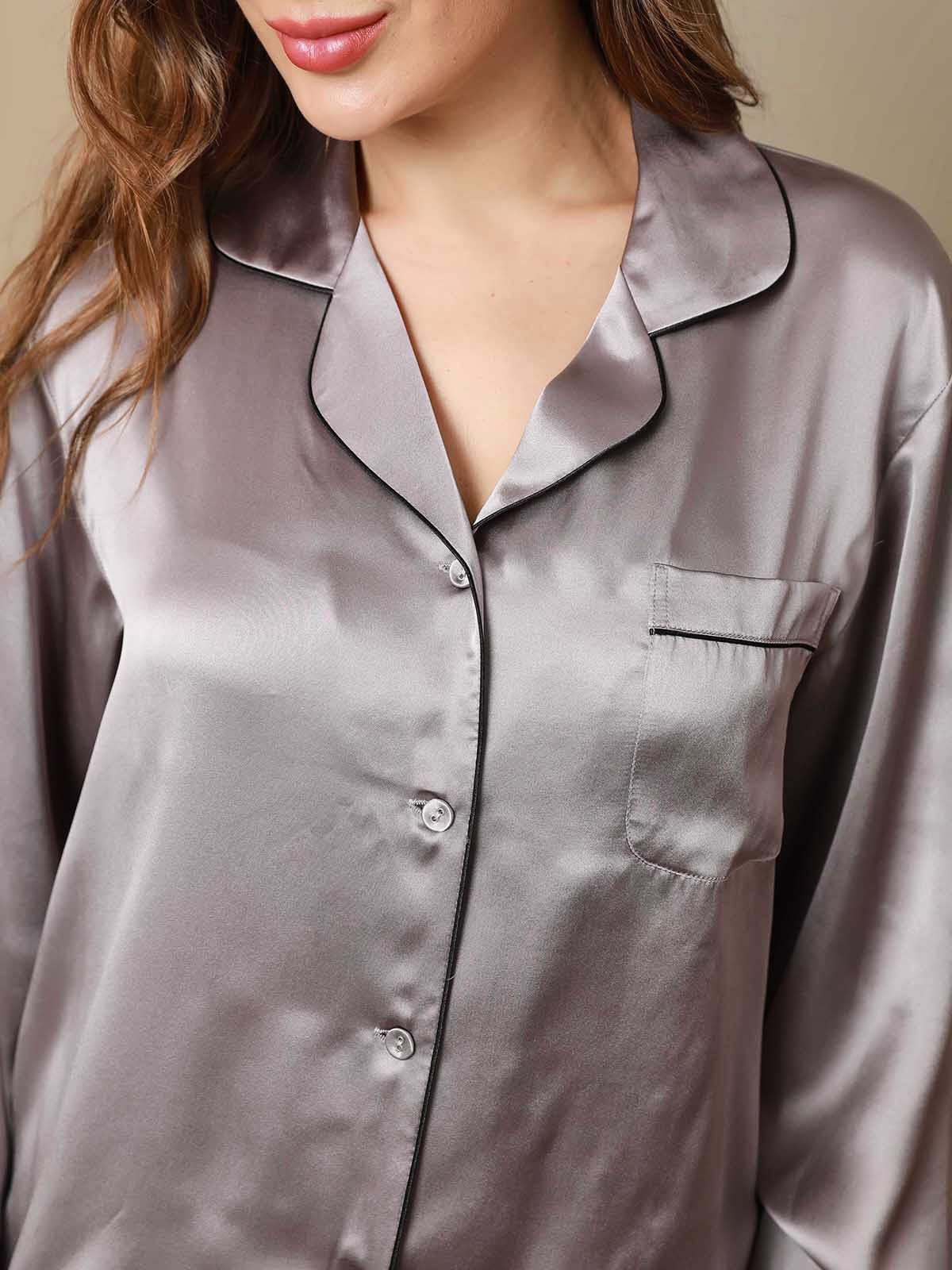 [Grijs] SilkSilky-NL Pure Silk Lange Mouw Revers Dames Pyjama Set 007