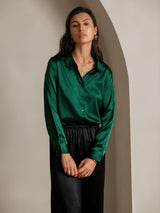 [Donkergroen] SilkSilky-NL 19Momme Lange Mouw Reverskraag Dames Blouse 001