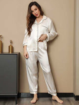 [Wit] SilkSilky-NL Lange Mouw Notchkraag Dames Pyjama Set 003
