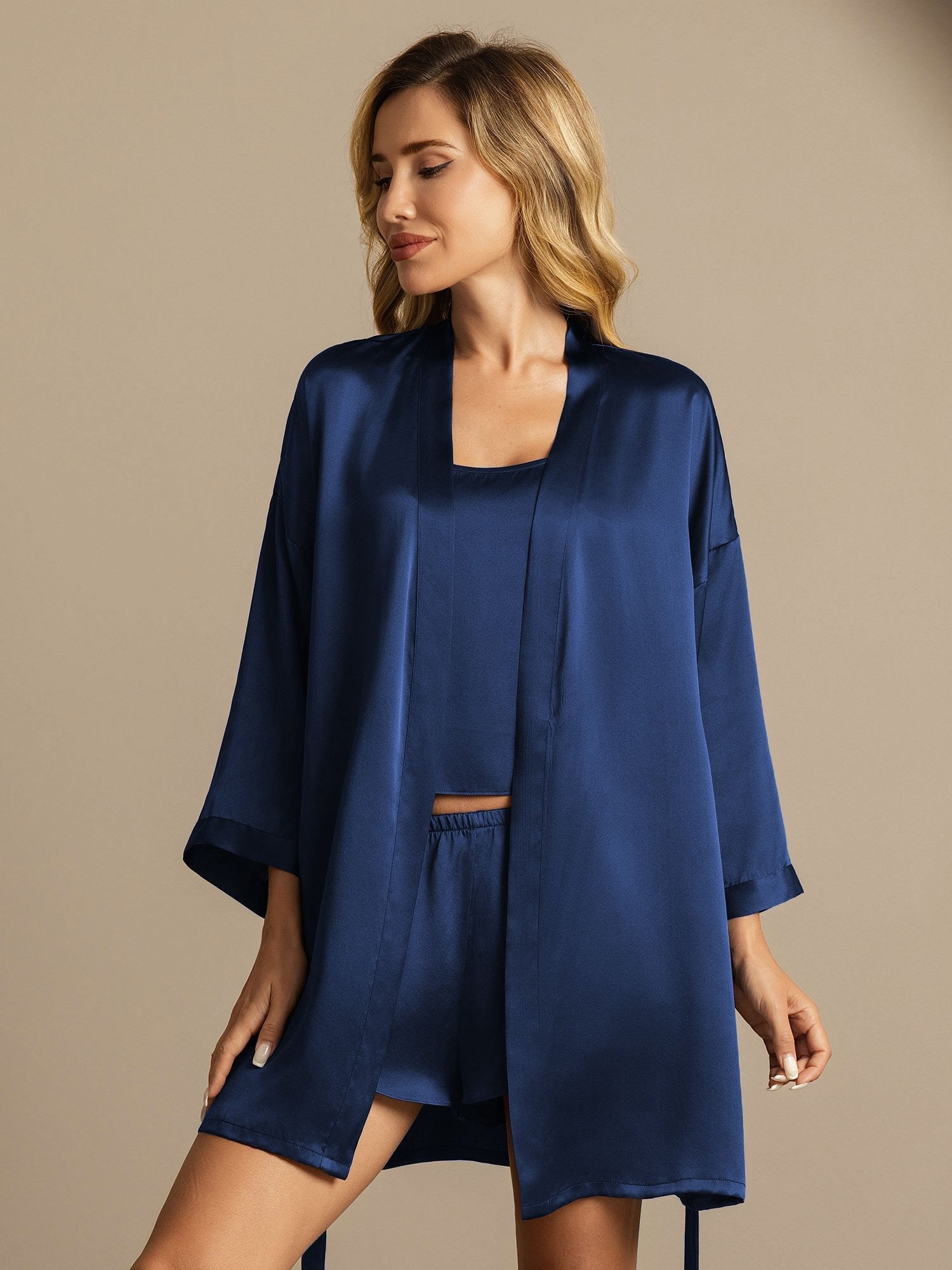 [Donkerblauw] SilkSilky-NL Zijde Nightgown&Robe Set 007,