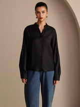 [Zwart] SilkSilky-NL Long Sleeve Split Blouse 003