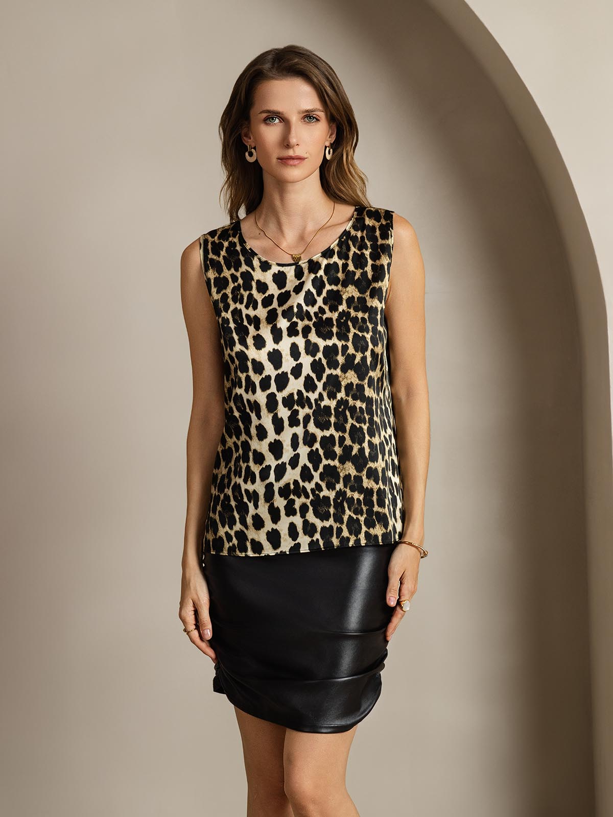 [Leopard] SilkSilky-NL 19Momme Zijde Ronde Hals Cami-Top 007