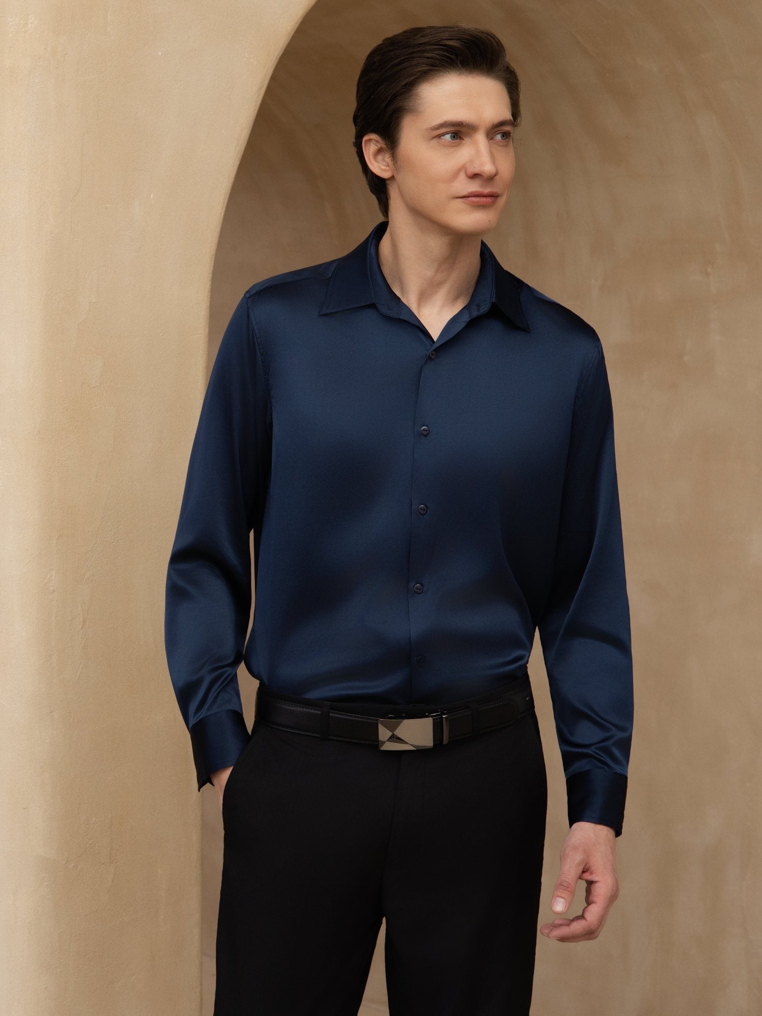[Donkerblauw] SilkSilky-NL 19Momme Lange Mouw Reverskraag Heren Shirt 005
