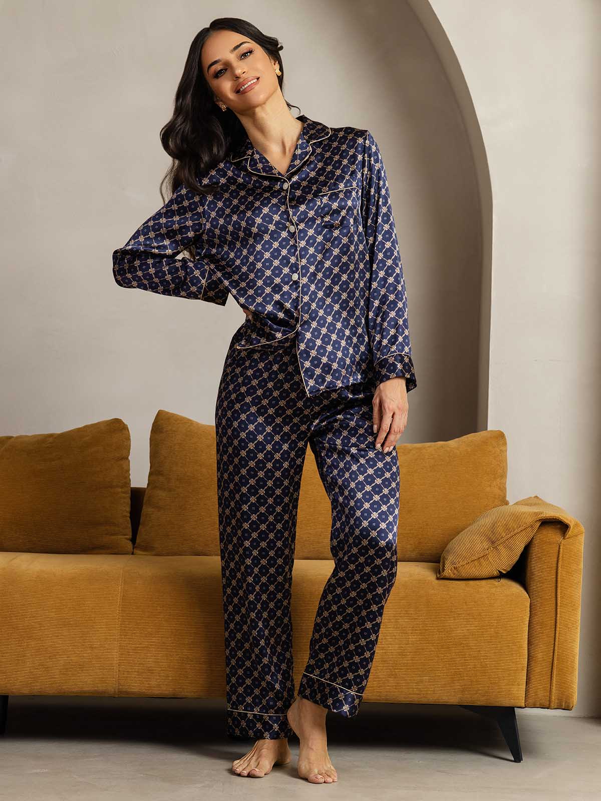 [Marine Ketting] SilkSilky-NL Long Sleeve Lapel Collar Dames Pyjama Set 002
