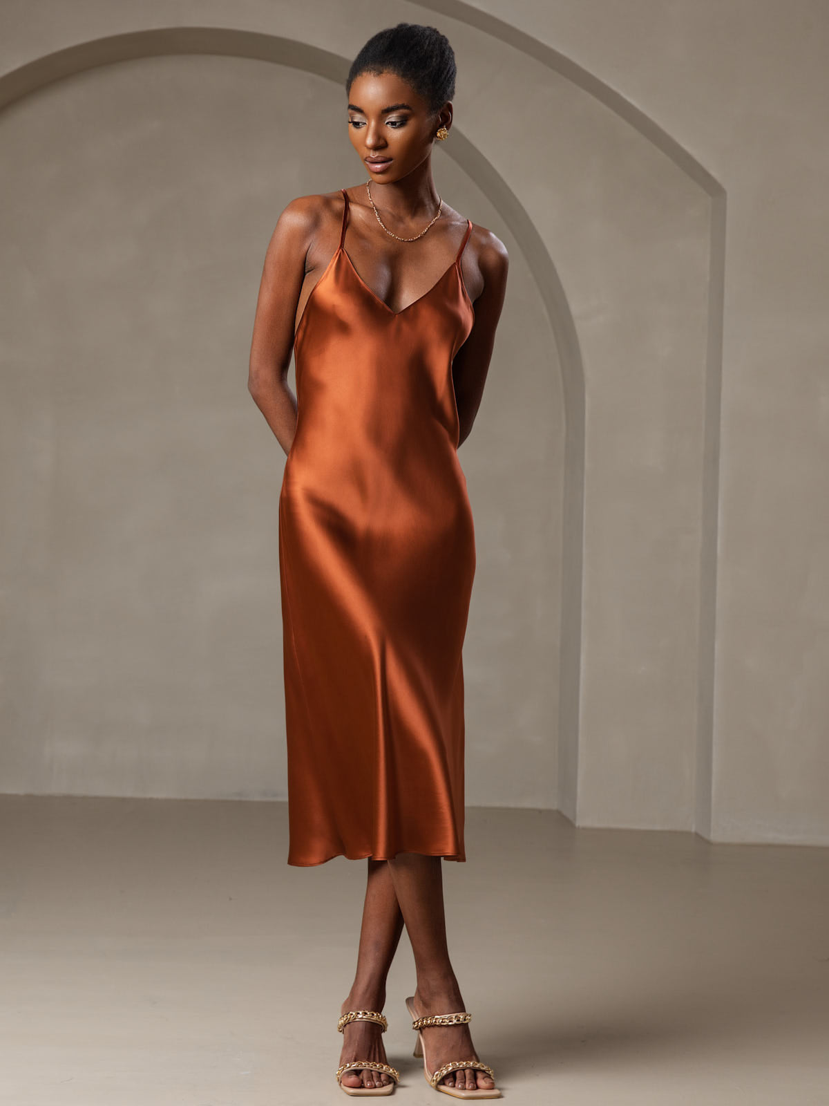 [Karamel] SilkSilky-NL Pure Silk Mouwloos V-Hals Jurk 002