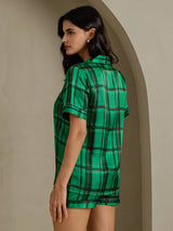 [Groen Geruit] SilkSilky-NL Short Sleeve Notch Collar Dames Pyjama Set 002