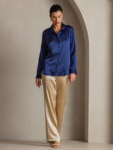 [Donkerblauw] SilkSilky-NL 19Momme Lange Mouw Reverskraag Dames Blouse 005
