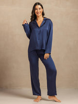 [Donkerblauw] SilkSilky-NL 19Momme Lange Mouw Notchkraag Dames Pyjama Set 006