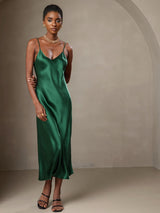 [Groen] SilkSilky-NL Spaghetti Bandjes V Hals Jurk 001
