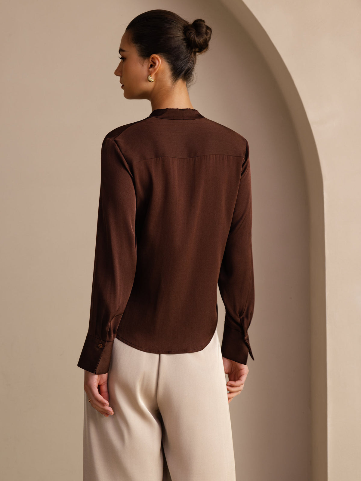 [Pure Chocolade] SilkSilky-NL Long Sleeve Tie Neck Blouse 002