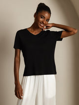[Zwart] SilkSilky-NL Short Sleeve V Neck Dames T-Shirt 007