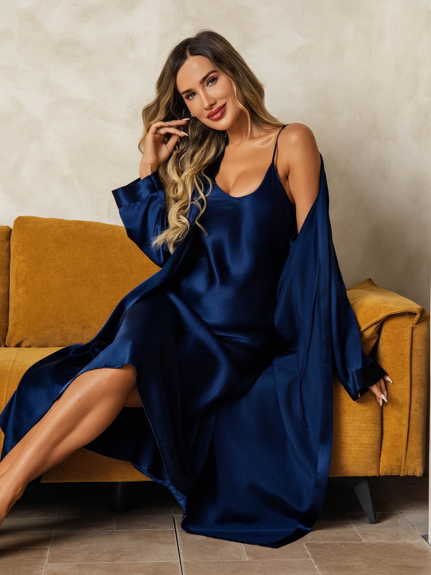 [Donkerblauw] SilkSilky-NL Zijde Nightgown&Robe Set 006