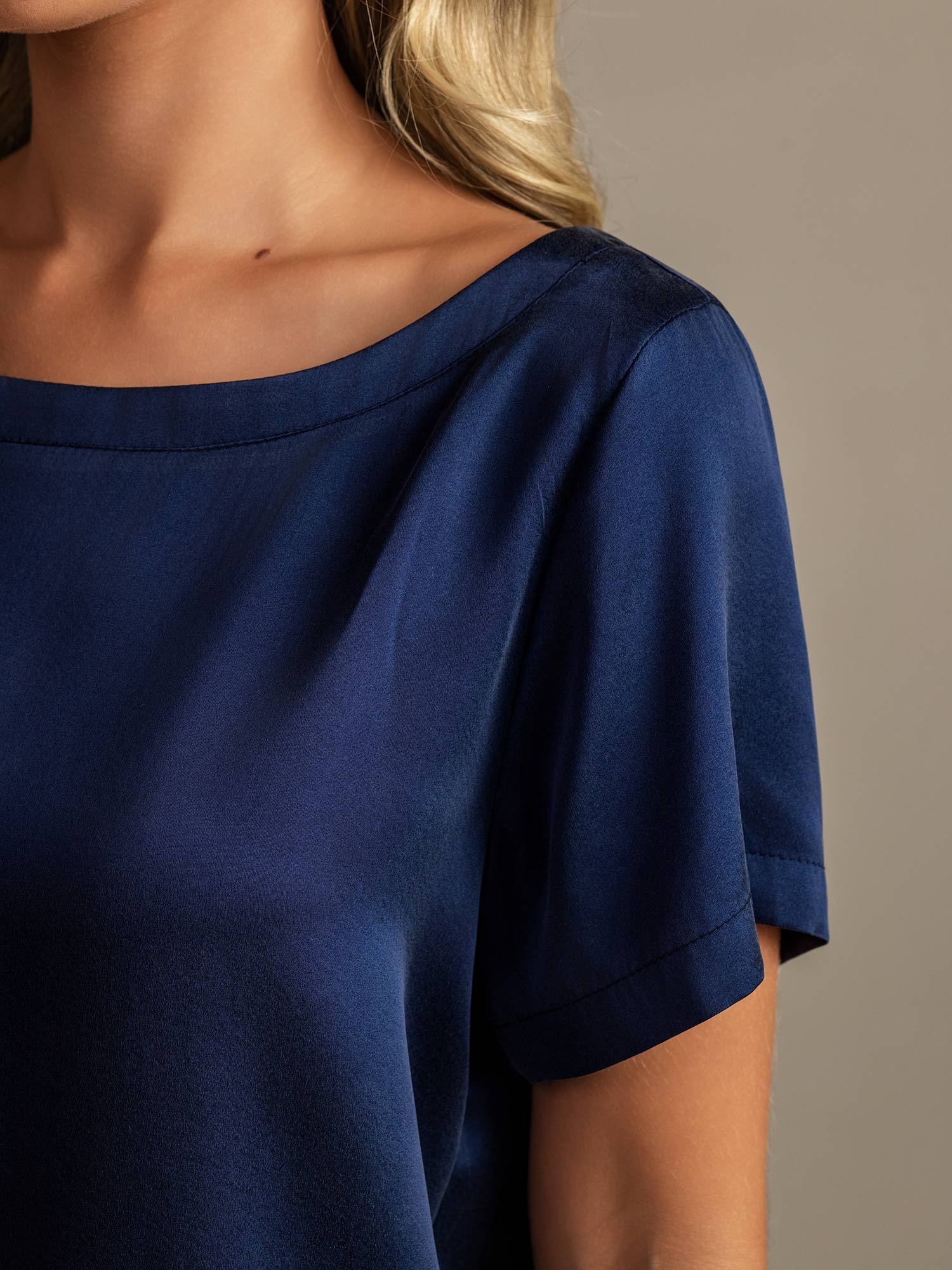 [Donkerblauw] SilkSilky-NL 19Momme Zijde Ronde Hals Dames Pyjama Set 004,