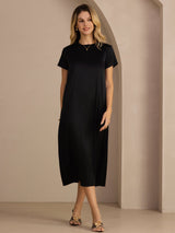 [Zwart] SilkSilky-NL Short Sleeve Round Neck Jurk 007