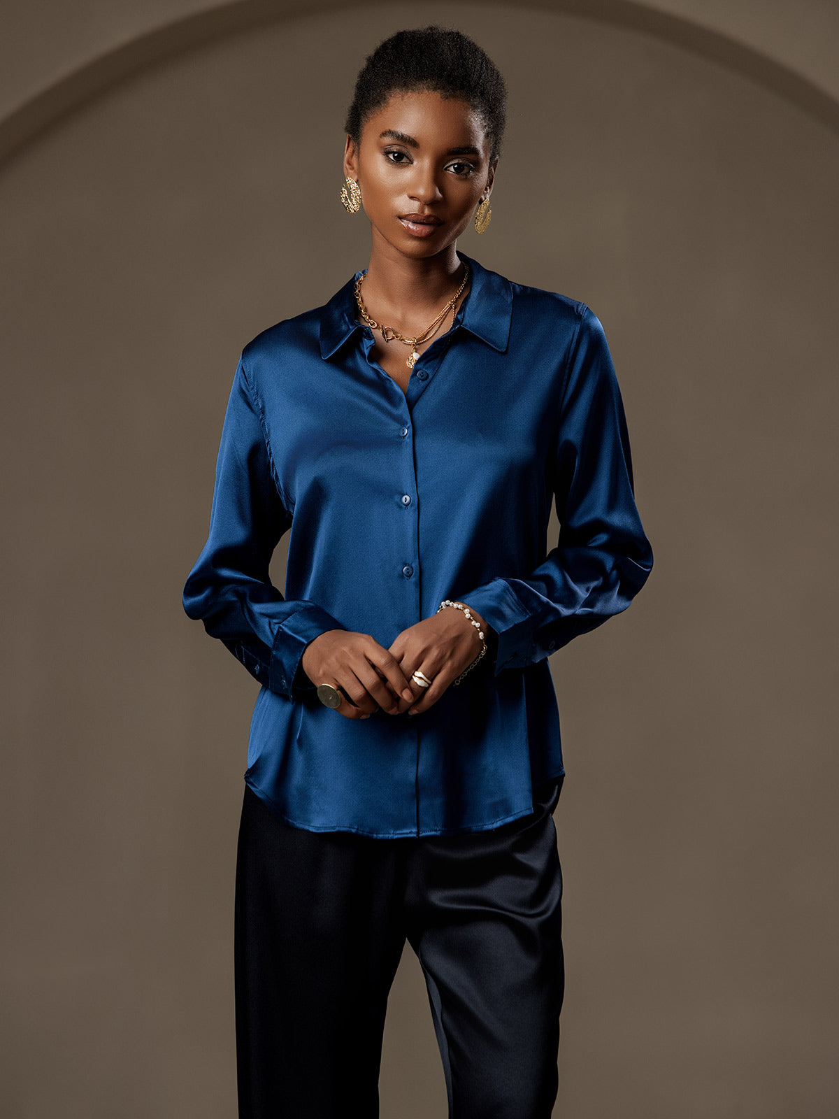 [Koningsblauw] SilkSilky-NL Zijde Kraag Dames Blouse 003
