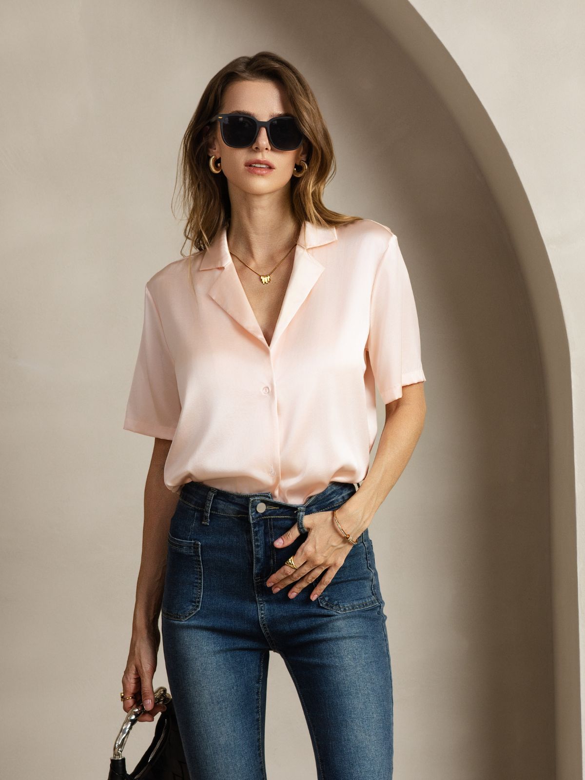 [Roze] SilkSilky-NL 19Momme Zijde Inkeping Dames Blouse 006