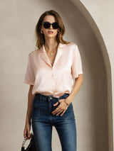 [Roze] SilkSilky-NL Short Sleeve Lapel Collar Dames Blouse 006