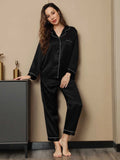 SilkSilky NL Pure Silk Lange Mouw Revers Dames Pyjama Set Zwart 004