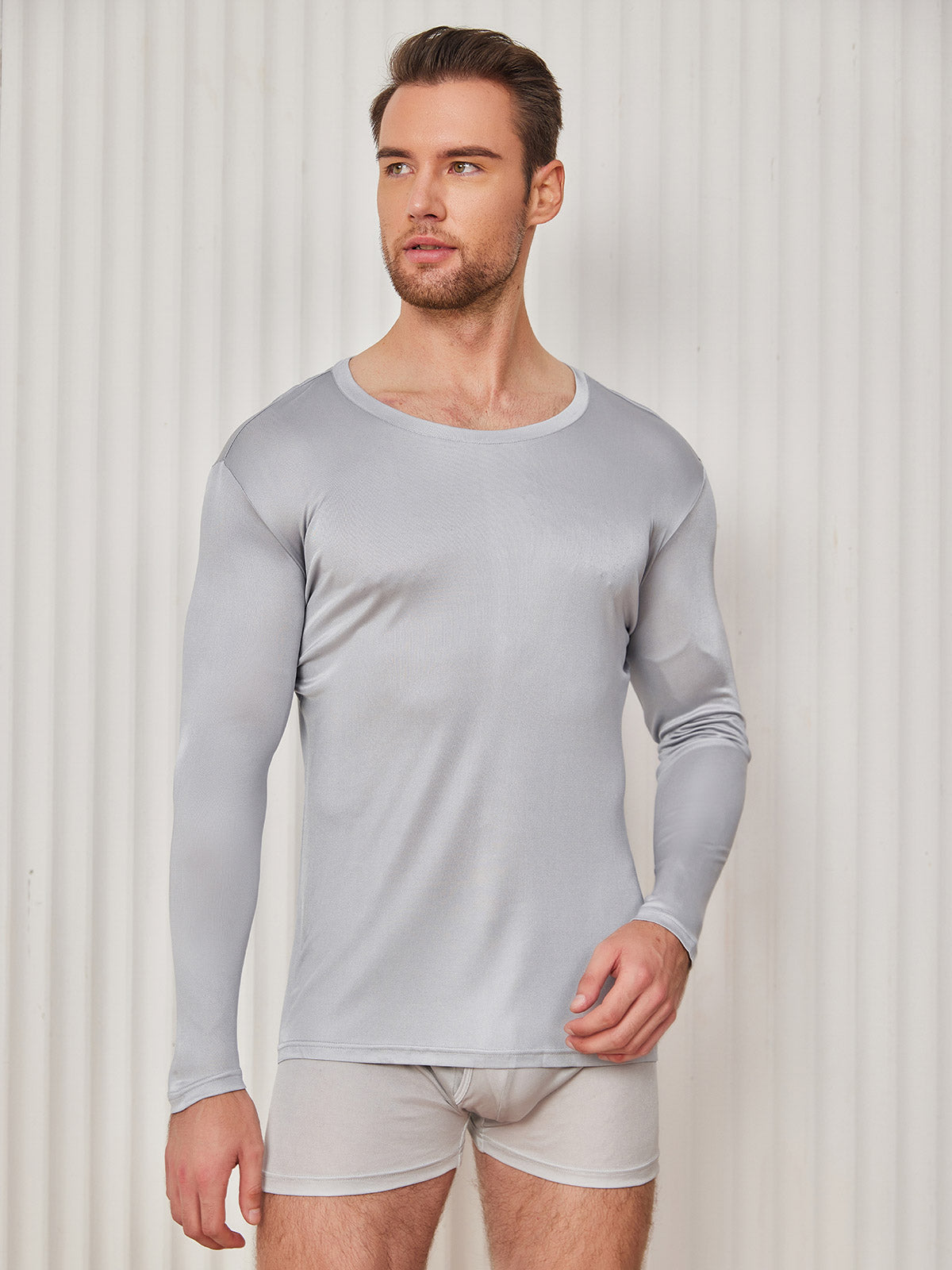 [Lichtgrijs] SilkSilky-NL Zijde Gebreid Ronde Hals Heren T-Shirt 001