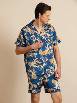 [Navy Draak] SilkSilky-NL Short Sleeve Notch Collar Heren Pyjama Set 001