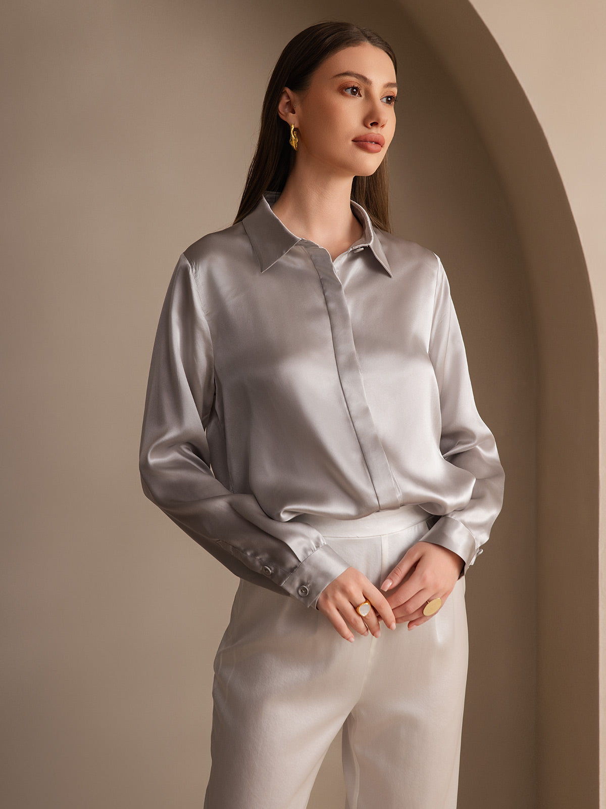 [Lichtgrijs] SilkSilky-NL 19Momme Zijde Lapel Collar Dames Blouse 004