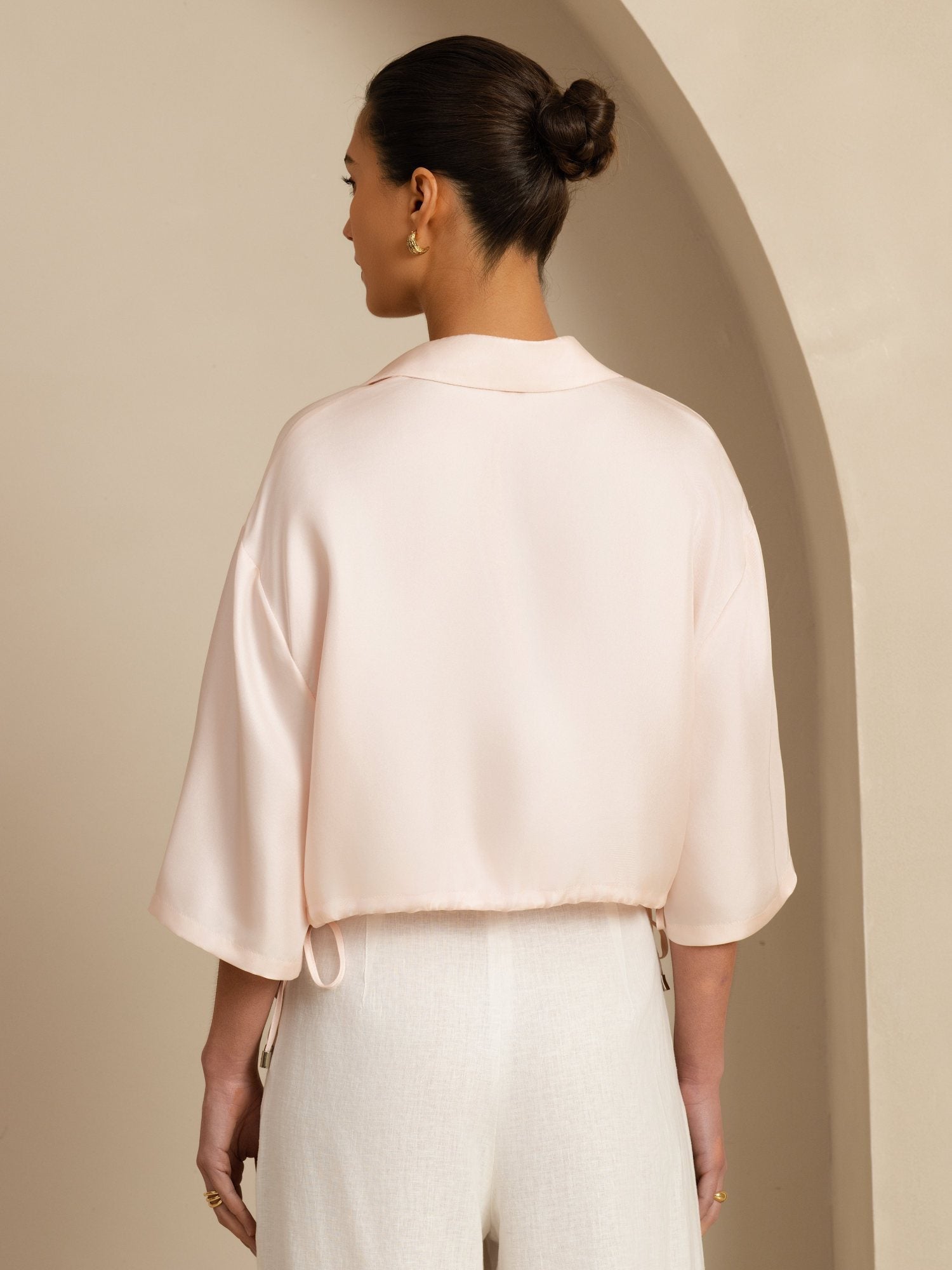 [Roze] SilkSilky-NL 18Momme Halve Mouw Reverskraag Blouse 002