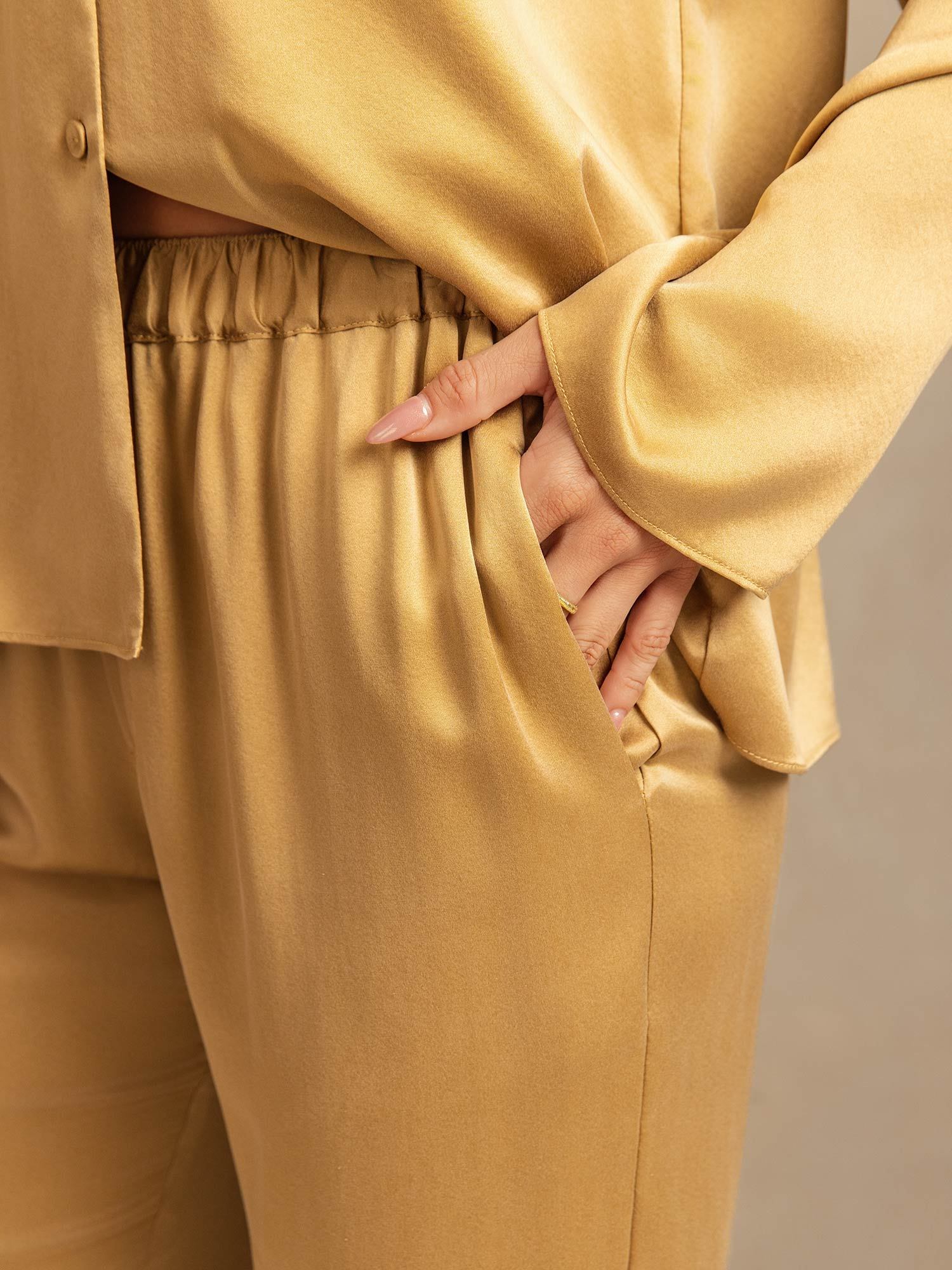 [Tan] SilkSilky-NL 19Momme Zijde Inkeping Dames Pyjama Set 005