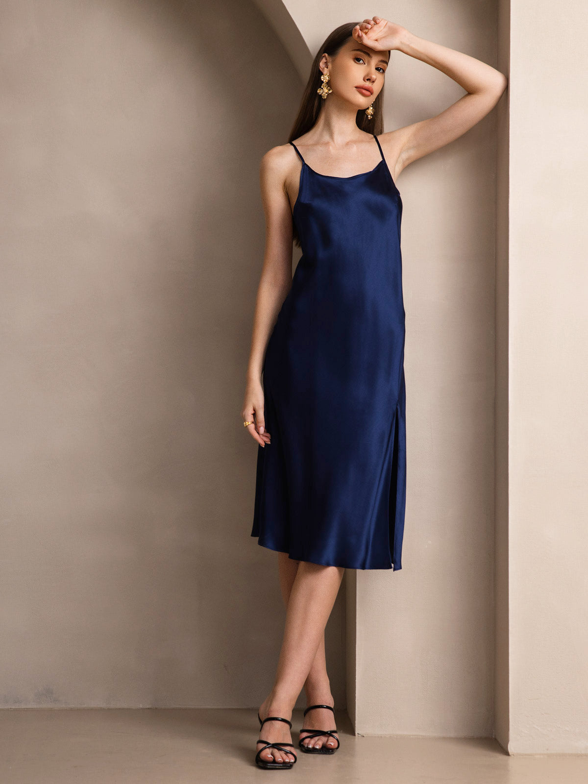 [Donkerblauw] SilkSilky-NL Ronde Hals Jurk 006