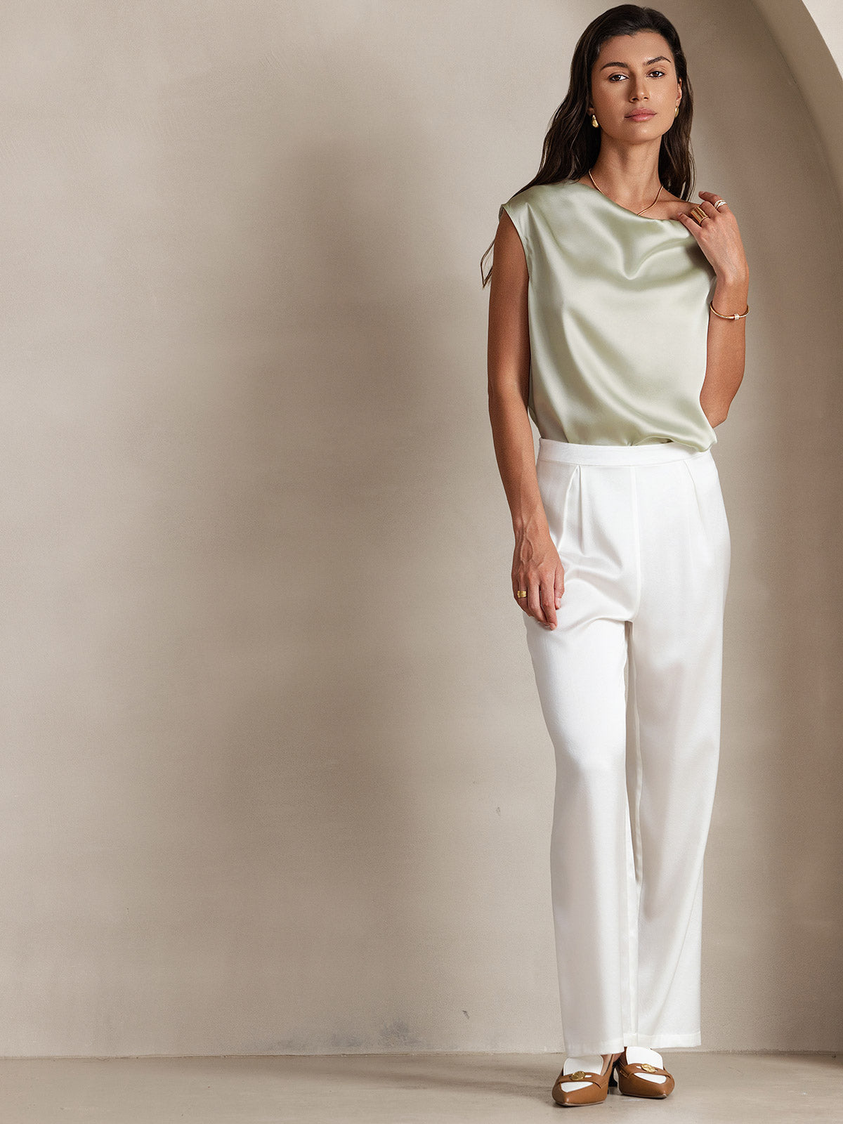 [Lichtgroene] SilkSilky-NL 19Momme Zijde Mouwloos Womens T-Shirt 006