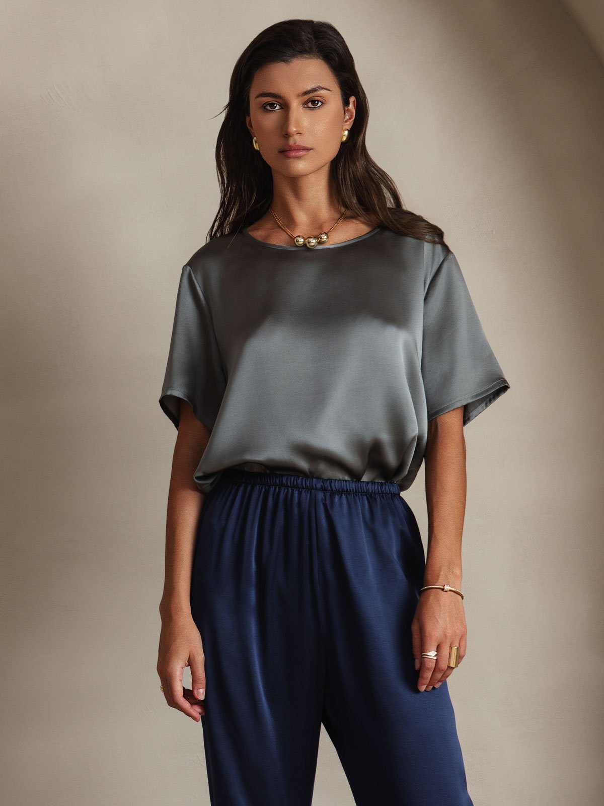SilkSilky-NL Korte Mouw Ronde Hals Dames T-Shirt Donkergrijs 001