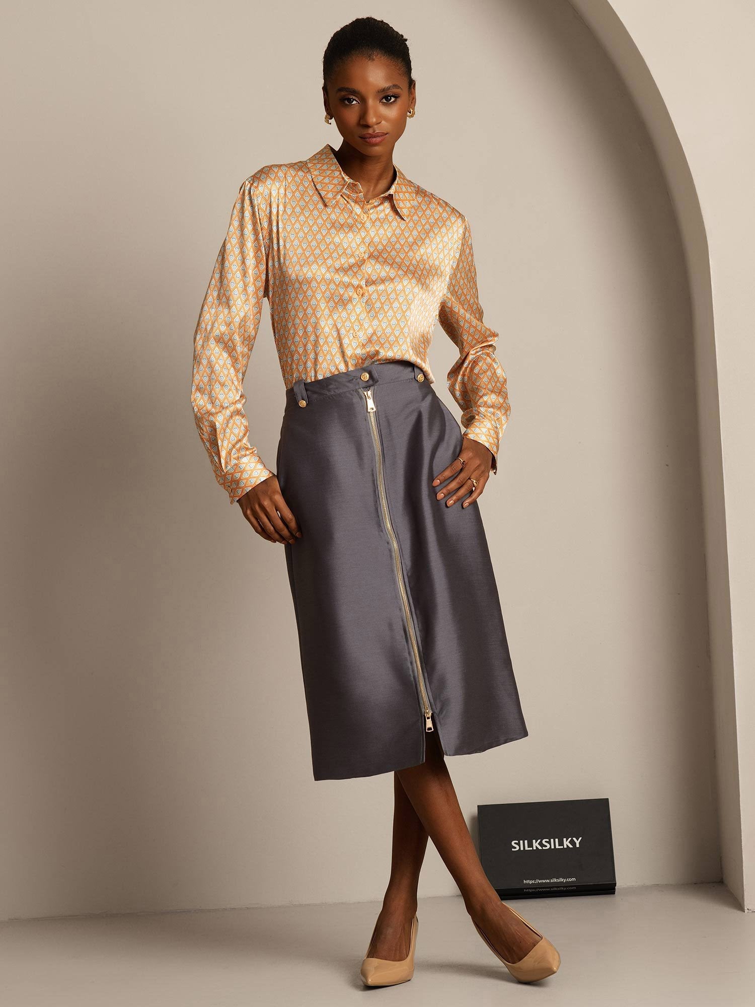 [Grijs] SilkSilky-NL 32Momme Silk-Wool Blend Skirt 007,