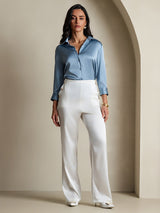 [Grijsachtig Blauw] SilkSilky-NL 3/4 Sleeve Lapel Collar Dames Blouse 006