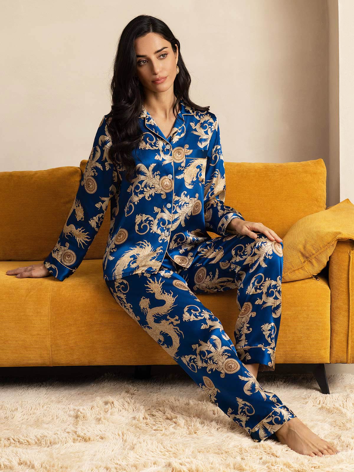 SilkSilky-NL Lange Mouw Revers Dames Pyjama Set Blauw 008