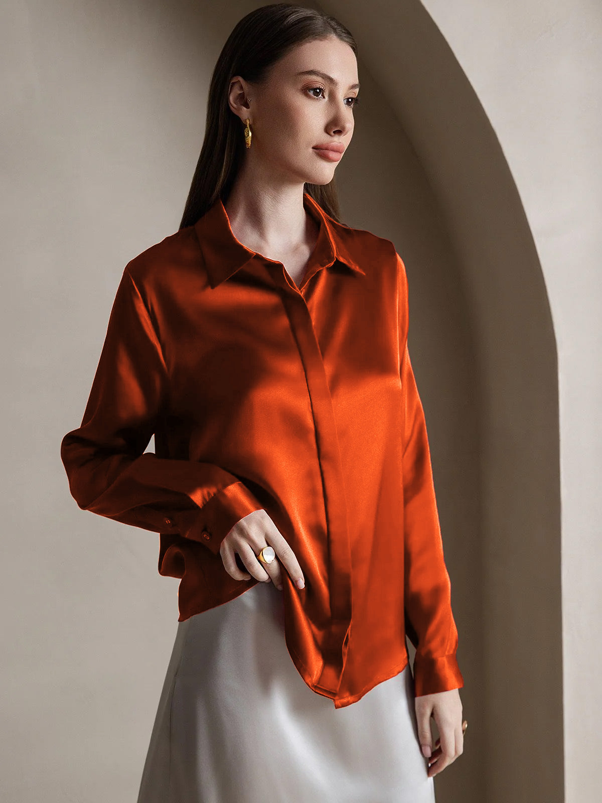 [Karamel] SilkSilky-NL 19Momme Zijde Lapel Collar Dames Blouse 004