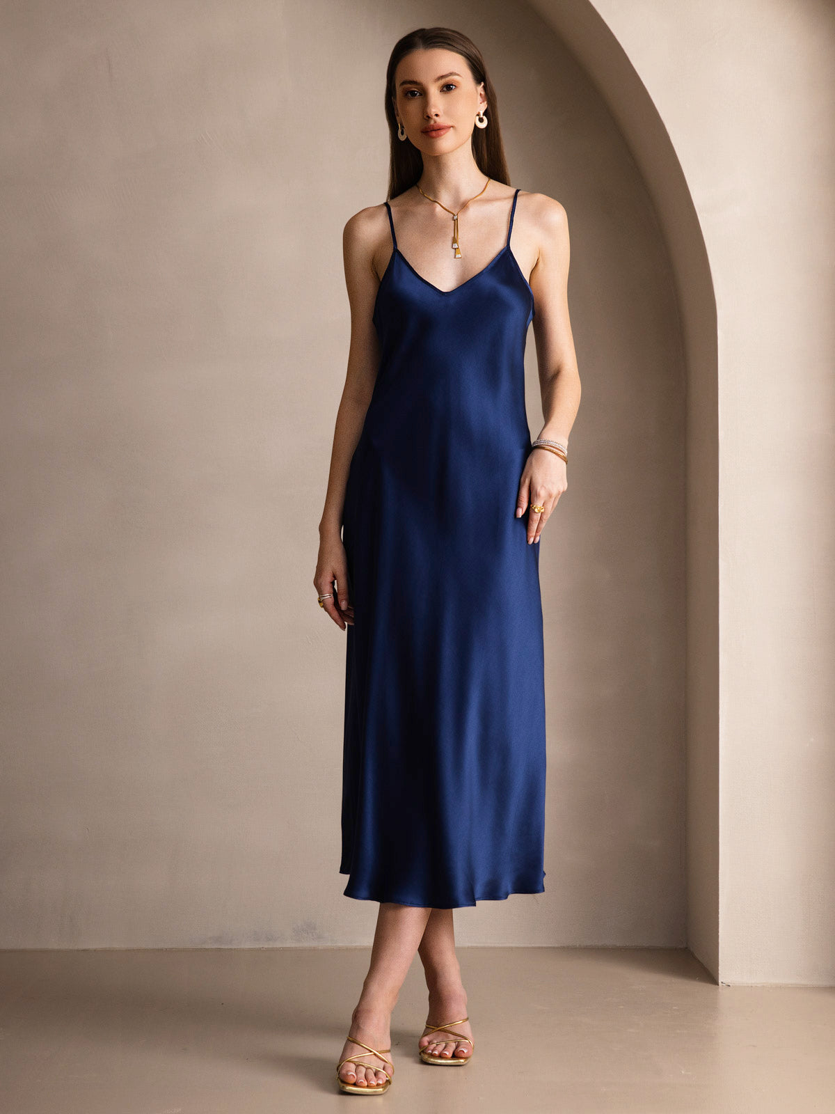 [Donkerblauw] SilkSilky-NL Ronde Hals Jurk 003