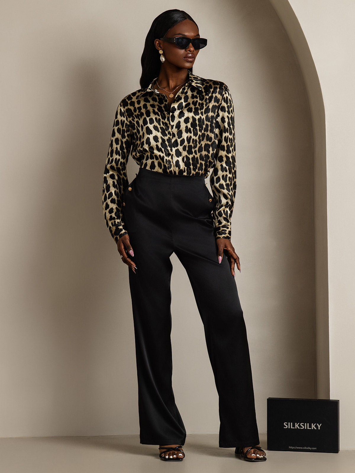 SilkSilky-NL Zijde Lange Mouw Kraag Dames Blouse Leopard 008