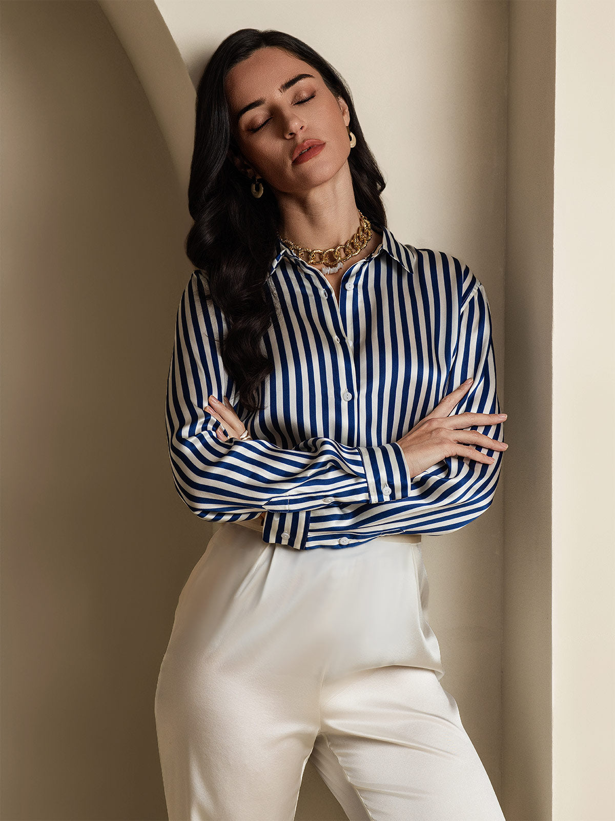 [Blauw] SilkSilky-NL Zijde Kraag Dames Blouse 001