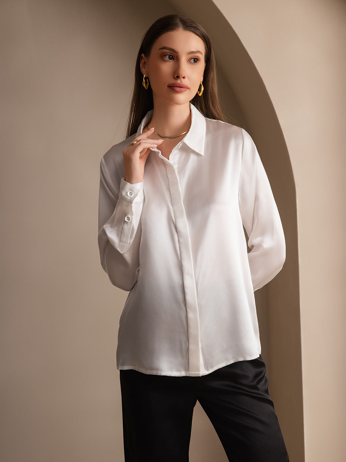 [Wit] SilkSilky-NL 19Momme Zijde Lapel Collar Dames Blouse 004