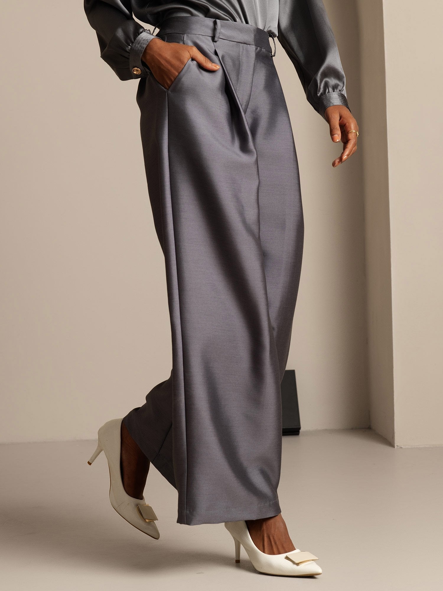 [Grijs] SilkSilky-NL 32Momme Silk-Wool Blend Womens Pants 003,