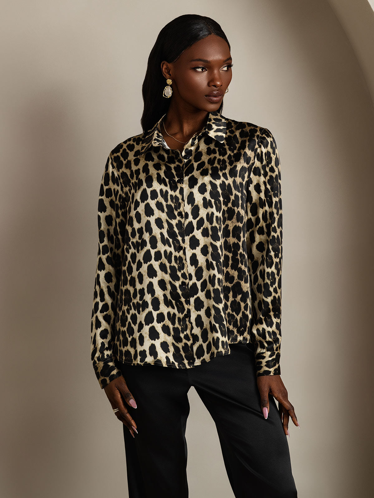 SilkSilky-NL Zijde Lange Mouw Kraag Dames Blouse Leopard 003