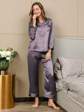 SilkSilky-NL Lange Mouw Revers Dames Pyjama Set PaarsGrijs 001