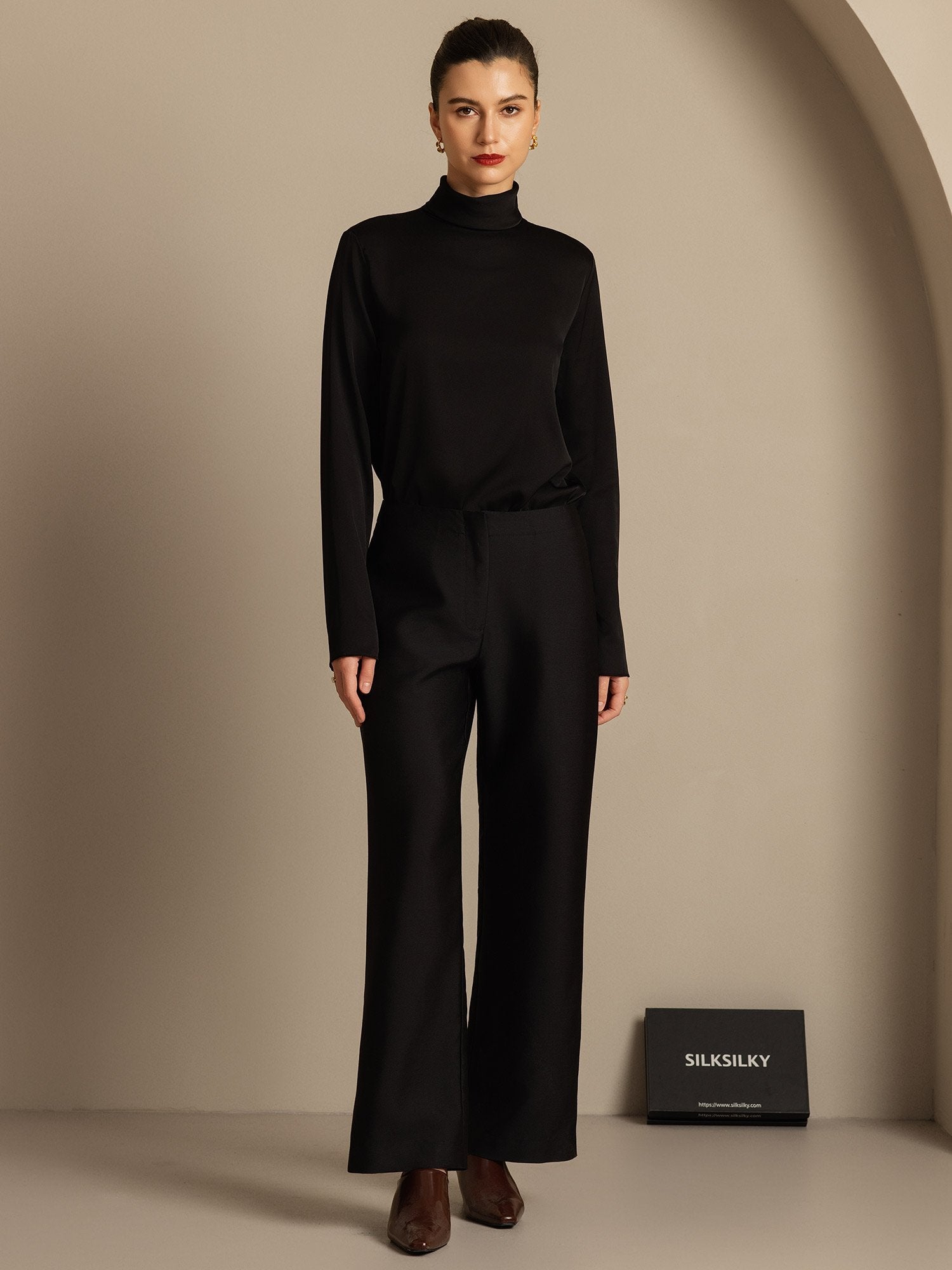 [Zwart] SilkSilky-NL 32Momme Silk-Wool Blend Womens Pants 005,