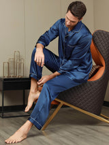 [Donkerblauw] SilkSilky-NL Pure Silk Lange Mouw Revers Heren Pyjama Set 007