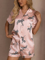 [Roze Zebra] SilkSilky-NL Short Sleeve Lapel Collar Dames Pyjama Set 004