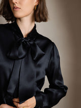 [Zwart] SilkSilky-NL Long Sleeve Tie Neck Blouse 003