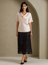 [Beige] SilkSilky-NL Short Sleeve Cowl Neck Blouse 006