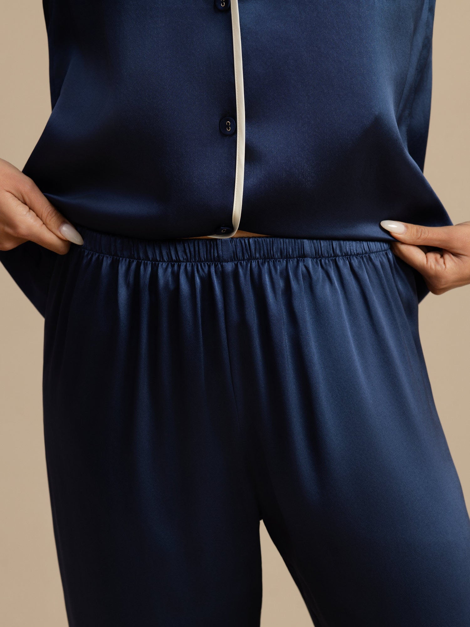[Donkerblauw] SilkSilky-NL Lange Mouw Notchkraag Dames Pyjama Set 005