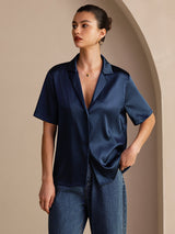 [Donkerblauw] SilkSilky-NL Short Sleeve Lapel Collar Dames Blouse 003
